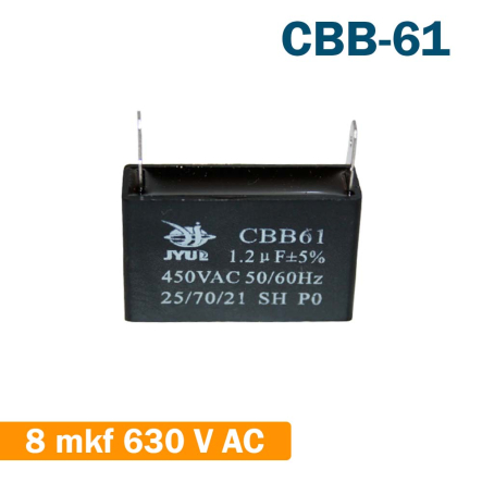 Конденсатор для запуску JYUL CBB-61, 8 мкФ, 630В, VAC 58x26x38 на клемах - 1