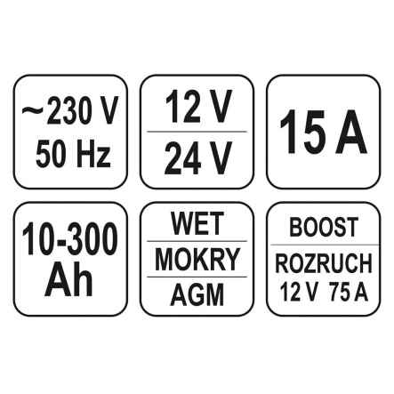 Пусковое устройство аккумулятор YATO YT-83051, 12/24 В, 10-300 Ач, V= 230 В,2/8/15А(12В),7,5 А (24В)