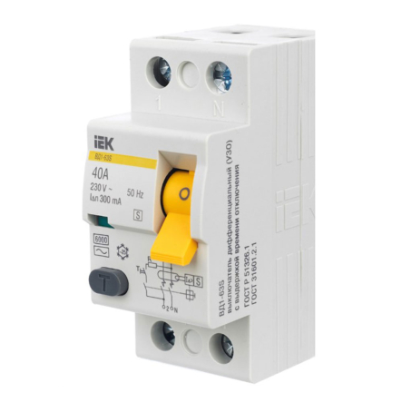 Устройство защитного отключения УЗО IEK ВД1-63S, 2Р, 40А, 300мА селективное, MDV12-2-040-300