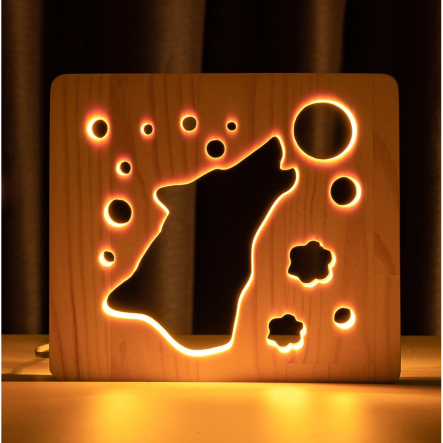 Нічник LED дерев'яний Вовк та місяць (WW) - 1