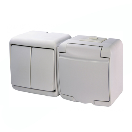 Мікс горизонтальний (2кл. вимикач+1-я розетка schuko біла кр.) (IP44) білий, VRHH-2s Hermetics, ETI - 1