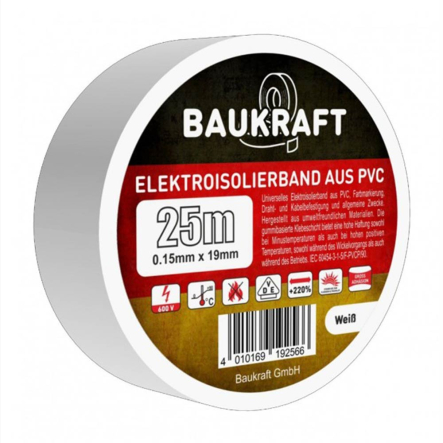 Изолента 0,15мм*19мм 25м, белая, TM BAUKRAFT, Germany - 1