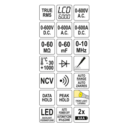 Мультиметр TRUE RMS электрических параметров YATO YT-73093 и температура SC/DC 0-600A -30- 1000грд.ц.