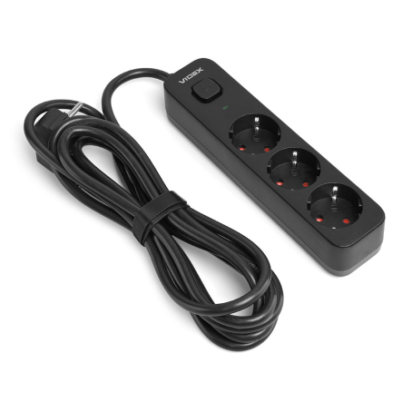 Удлинитель сетевой 3 гнезда 3м (3x1.5мм) с з/з, черный, VIDEX ONCORD, VF-PD33G-B