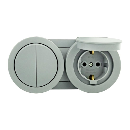 Вимикач HOROZ xOne 2кл накладний троянд. з з/к, з кришкою, 16А, IP54, сірий, 406-240000-925 - 1