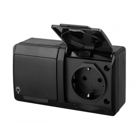 Розетка накладная двойная, черная, IP44, Elektro-Plast Hermes, 0325-09