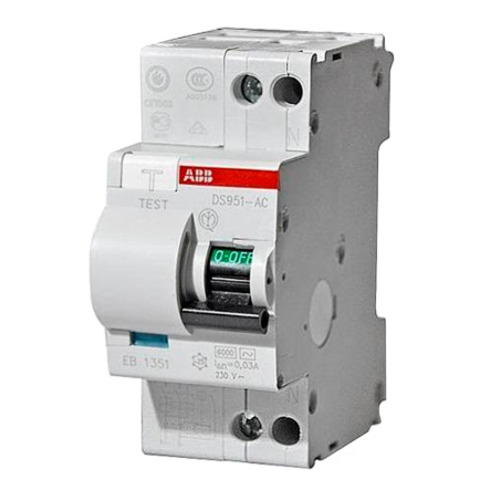 Дифференциальный автоматический выключатель ABB DS951-C10, 30mA/AC, 2P, 10A, C 6kA, 30мА, 16021369 - 1