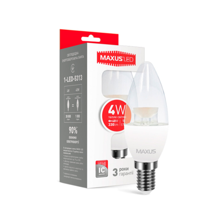 Лампа LED MAXUS, C37 CL-C 4 Вт, 3000K, E14, 220 В, - 1