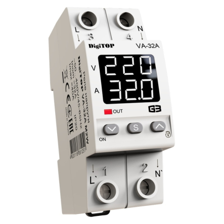 Реле напряжения DigiTOP VA-32A M2W, 2 модуля, цифры белые - 1