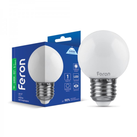 Лампа светодиодная Feron LB-37, 1W, 6400K, E27, 220V, G45, 3812 - 1