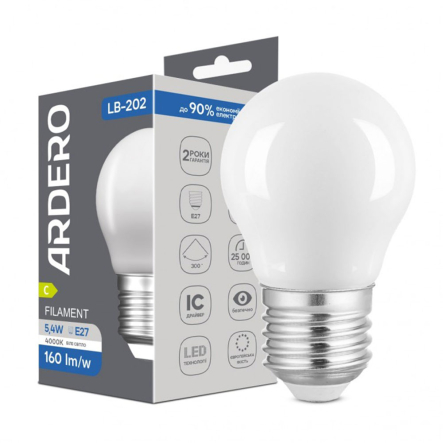 Лампа LED Ardero LB-202, 5,4W, 4000K, E27, 230V, G45, матовая, filament - 1