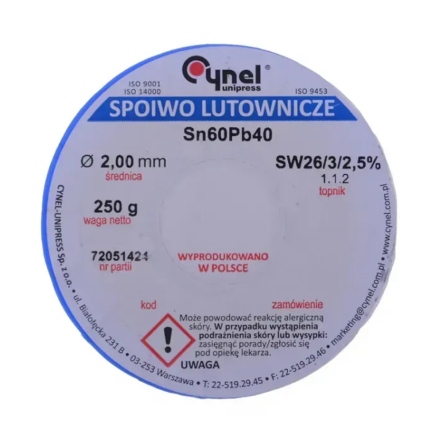 Припой оловянно-свинцовый Sn60Pb40-SW26 диам-2,5мм, 250гр, на катушке, 13-0928