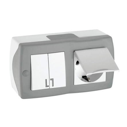 Вимикач 2кл+розетка із заземленням з накладною кришкою Mono Electric, OCTANS, IP 20, сірий, 104-020001-187 - 1