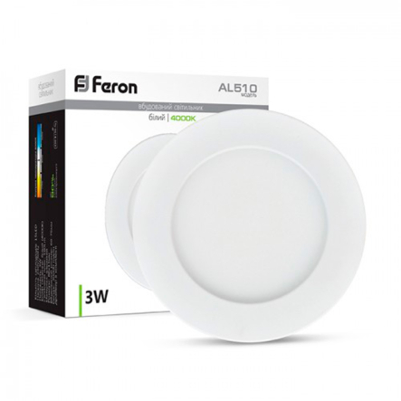 Светодиодный светильник встраиваемый FERON, AL510, 3W, 4000K, 180Lm, круг, 86х13,5 мм, D 58 мм, белый, 6087