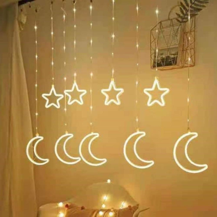 Гирлянда штора LED уличная (гибкий шнур) Звезда+луна, 3*1.5 м, золото, с переходником, ZB-015 G - 1