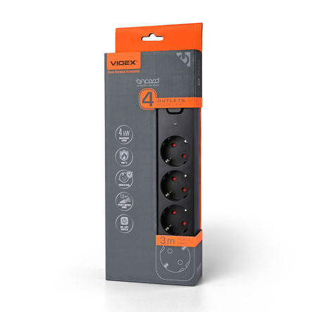 Удлинитель сетевой 4 гнезда 3м (3x1.5мм) с з/з, чёрный, VIDEX ONCORD, VF-PD43G-B - 1