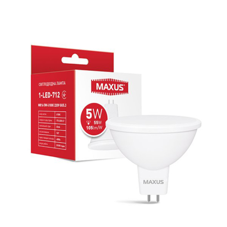 Лампа LED MAXUS 1-LED-712, 5 Вт, 4100K, GU5.3, 220 В, MR16 - 1