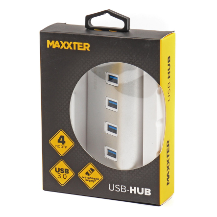 Хаб USB 3.0 Type-A Maxxter HU3A-4P-01 на 4 порта, металл, серебро