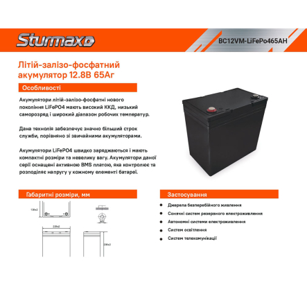 Аккумуляторная батарея Sturmax BC12VM-LiFePo4100AH, 12V, 100Ah, LiFePo4, 12.8В