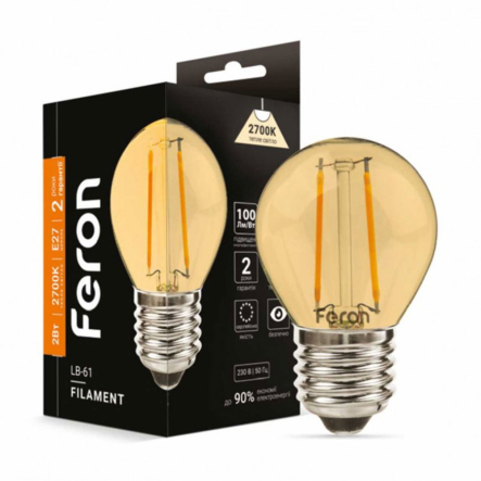 Лампа LED FERON LB-61, 2W, 2700K, E27, 230V, G45, золото, filament - 1