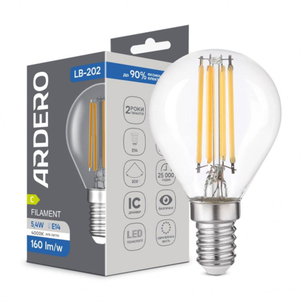 Лампа LED Ardero LB-202, 5,4W, 4000K, E14, 230V, G45, filament - 1