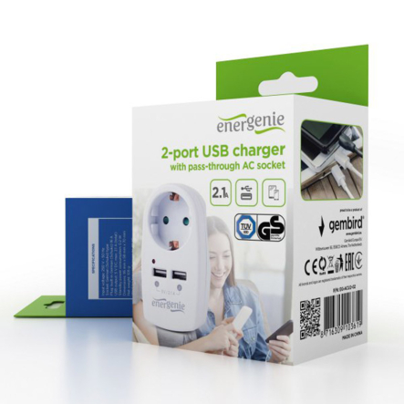 Зарядное устройство EnerGenie EG-ACU2-02, 2 USB по 2.1A со сквозной розеткой