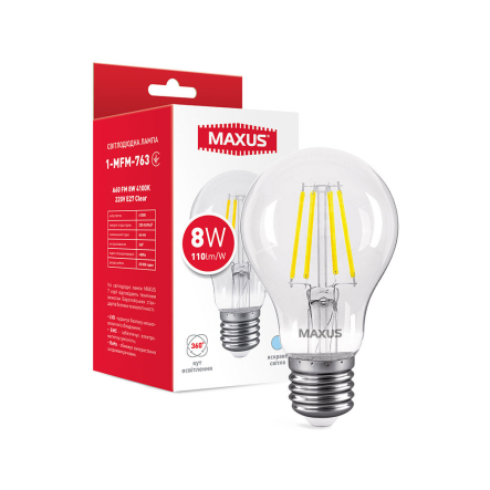 Лампа LED MAXUS Filament, 8 Вт, 4100K, E27, 220 В, A60, Clear - 1