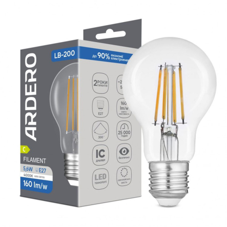 Лампа LED Ardero LB-200, 5,6W, 4000K, E27, 220V, A60, filament - 1