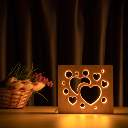 Ночник LED деревянный Сердечки (WW)