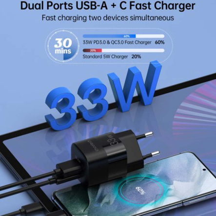 Зарядное устройство сетевое Choetech PD5006-EU-BK, GaN, USB-A/USB-C, 33Вт, QC3.0/PD/PPS