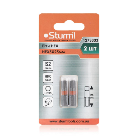 Биты S2 HEX5* 25mm  2шт Sturm 1273303 Биты S2 HEX5* 25mm  2шт Sturm 1273303