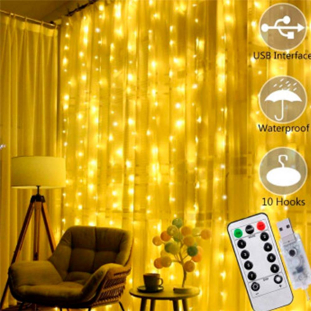 Гирлянда леска штора (Лучи росы) 3*2 м, USB, с пультом, золото, ZABI-12 G - 1