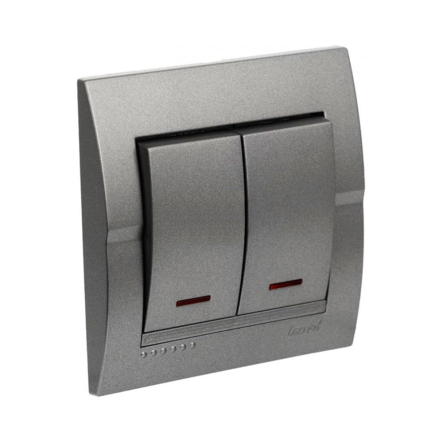 Вимикач Lezard DERIY двоклавішний, з підсвічуванням, темно сірий металік, 702-2929-112 - 1