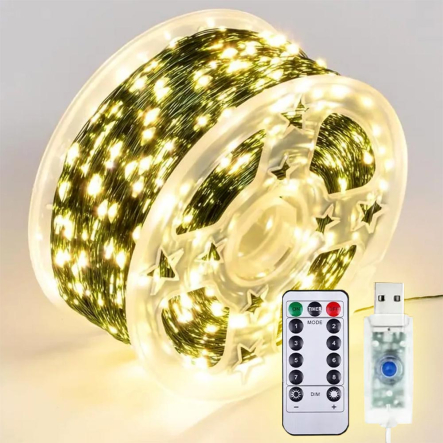 Гирлянда LED Роса от USB 100м, 1000LED + пульт, зелёный шнур, тёплый белый - 1