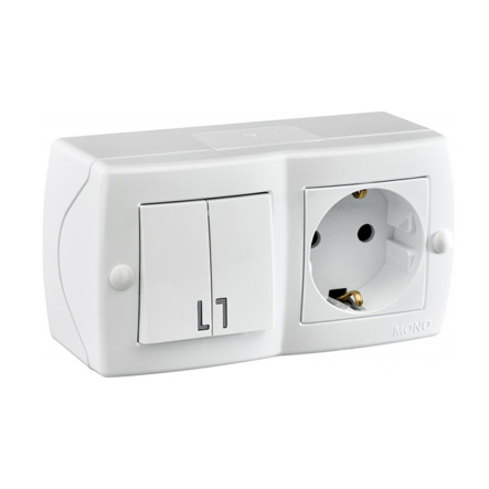 Вимикач 2кл+розетка із заземленням накладний Mono Electric, OCTANS, IP 20, білий, 104-010101-181 - 1